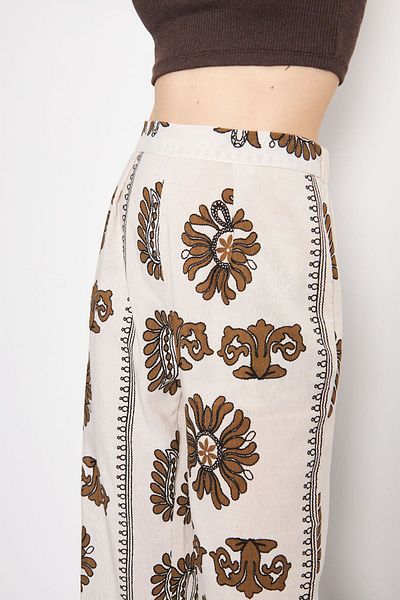 armonika Linen Patterned Dark Khaki Palazzo Trousers - Pocketed, ARM-24Y001069