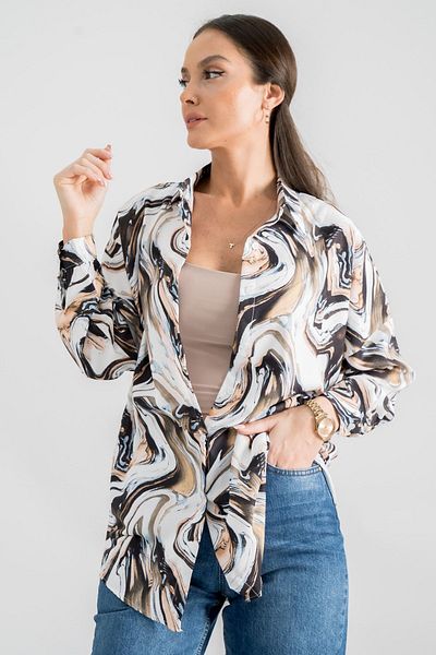 armonika Women's Baby Blue Patterned Oversize Long Basic Shirt ARM-22Y001148
