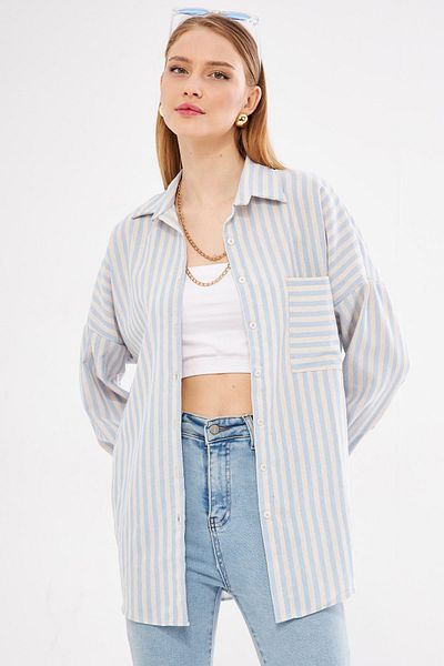 armonika Baby modrá pruhovaná oversize plisovaná košile – dlouhý rukáv, podrobná kapsa ARM-24Y001057