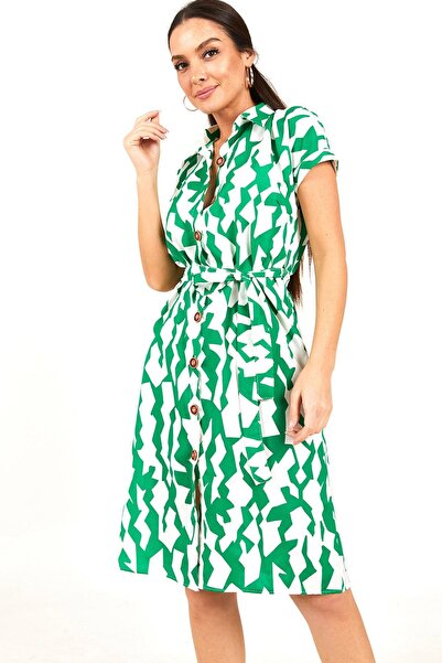 armonika Rochie cămașă cu mânecă scurtă, cu model geometric, verde, pentru fe...