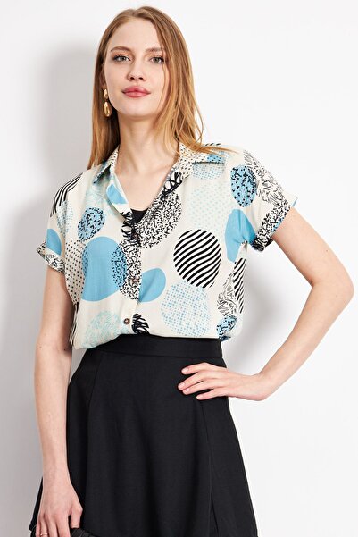 armonika Turquoise Patterned Women's Shirt - Short Sleeve, ARM-22Y001052