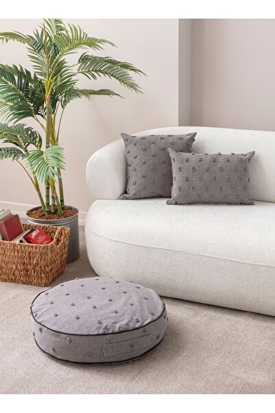 Ottoson 2'li Dekoratif Puantiye Keten Kumaşlı Kırlent Kılıfı Ve Yer Minderi 43x43,35x50,60x60