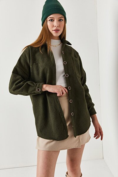 armonika Women's Khaki Oversize Stitched Pocket Shirt ARM-22Y001156