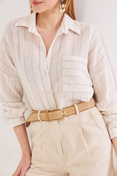 armonika Bézs színű női oversize ing - hosszú ujjú, zsebrészlet, ráncos hát, csíkos ARM-24Y001053