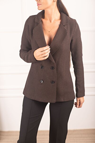 armonika Γυναικείο μπουφάν με μοτίβο καφέ ρίγες με τέσσερα κουμπιά Stash ARM-...