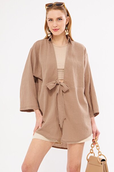 armonika Cămașă kimono din in maro deschis - cravată față, ARM-24Y001063