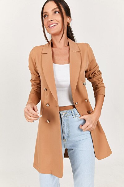 armonika Kadın Bej Düğmeli Uzun Ceket ARM-22Y001072