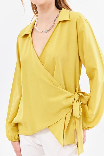 armonika Oil Green Double Breasted Women's Blouse - Collared, ARM-22Y024025