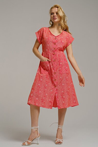 armonika Ženska haljina sa cvetom nara Sa deznom V-izrez sa dugmićima spreda ...