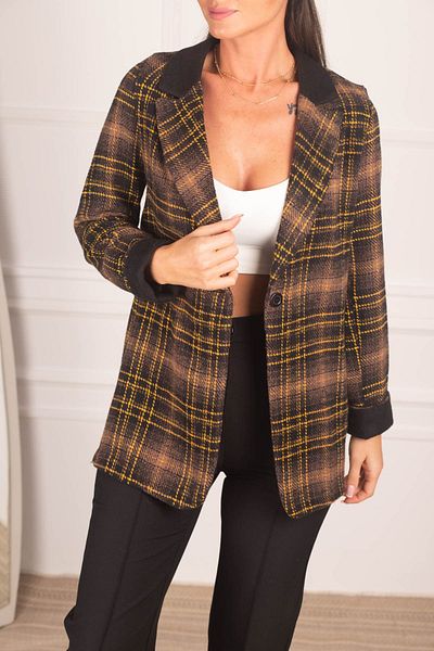 armonika Women's Brown Collar Detailed Plaid Oversize Cashew Jacket ARM-24K001029
