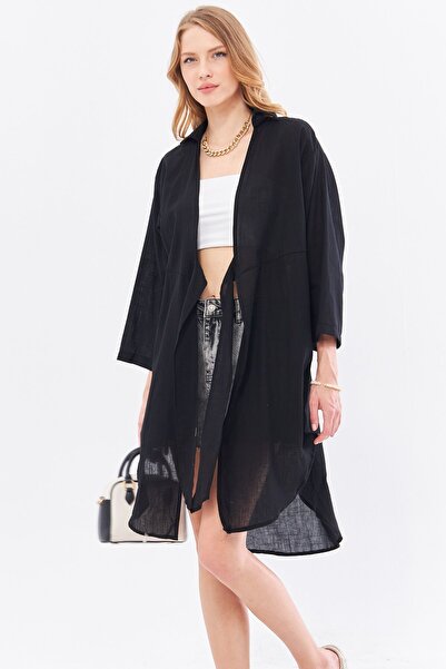 armonika Crni Lan midi kimono - uski dizajn, prednja B Na vezivanje košulja, ...