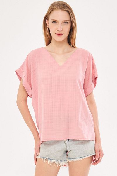 armonika Dusty Rose V-Neck Slit Διπλό μανίκι Oversize Γυναικεία Μπλούζα - ARM-24Y 001074