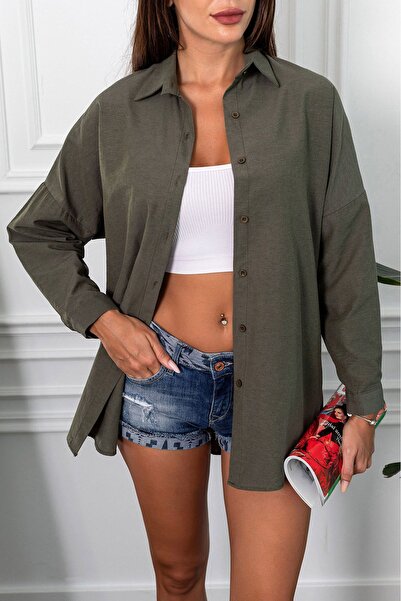 armonika Cămașă de bază lungă oversize kaki închis pentru femei ARM-22Y001118