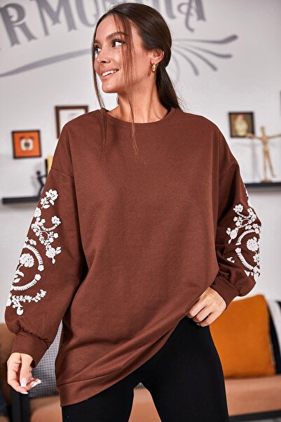 armonika Women's Brown Round Neck Sleeve Embossed Tunic ARM-21K024033