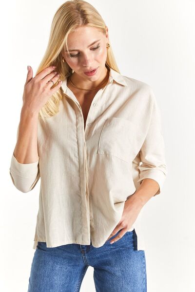 armonika Women's Light Beige Loose Linen Shirt with Pockets Arm-21y001035