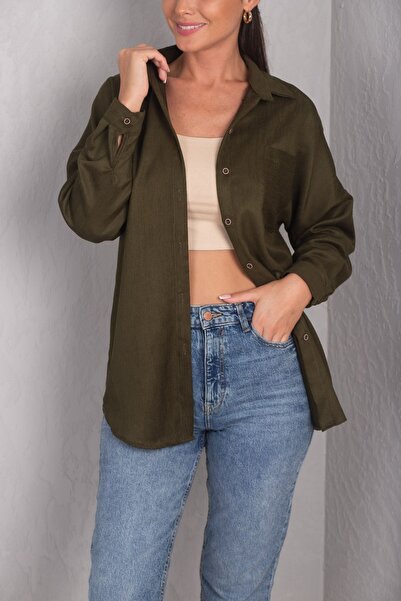armonika Women's Dark Khaki Pocketed Oversize Velvet Long Basic Shirt ARM-22Y001193