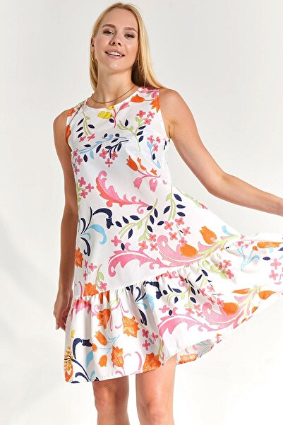 armonika Kadın Turuncu Desenli Eteği Fırfırlı Kolsuz Elbise