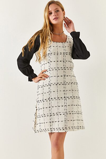 armonika Γυναικείο φόρεμα λευκό καρό τετράγωνο γιακά μακρυμάνικο μπράτσο-22y0...