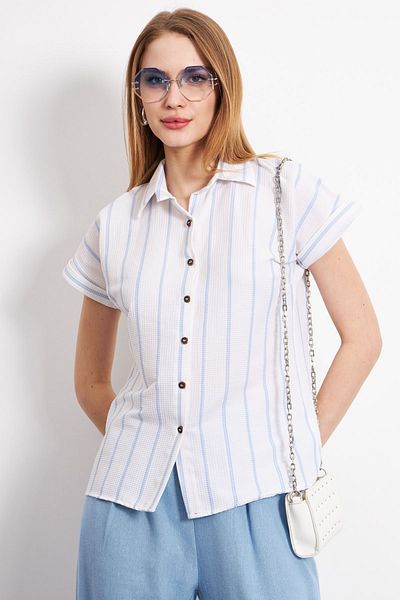 armonika Baby Blue ριγέ γυναικείο πουκάμισο - κοντομάνικο ARM-24Y001067