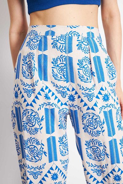 armonika Blaue gemusterte Palazzo-Hose aus Leinen für Damen - Taschen, ARM-24Y001069