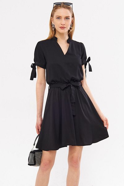 armonika Black Short Dress - Prevailing Collar, Lace-up Sleeve and Elastic Waist ARM-23Y001088