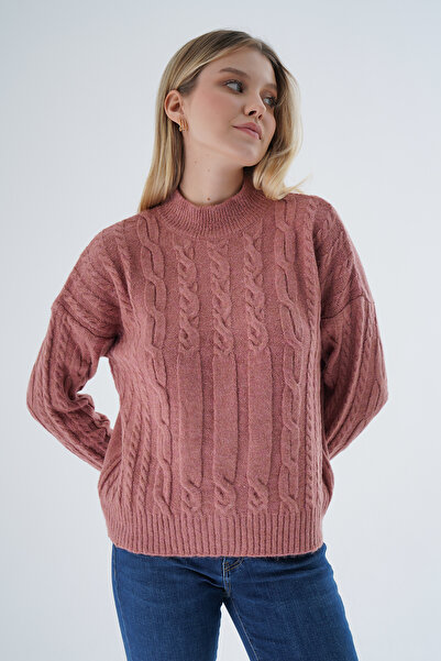 Trist Star Kadın Gül Kurusu Oversize Yarım Balıkçı Saç Örgülü Yünlü Özel İplik Triko Örme Kazak TRIST-6158