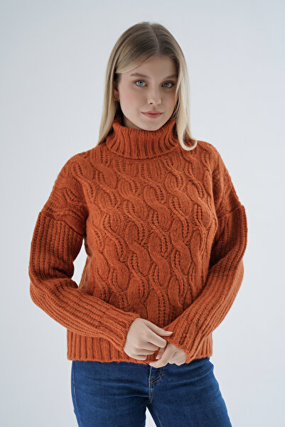 Trist Star Kadın Turuncu Oversize Balıkçı Yaka Selanik Saç Örgülü Yün Özel İp...