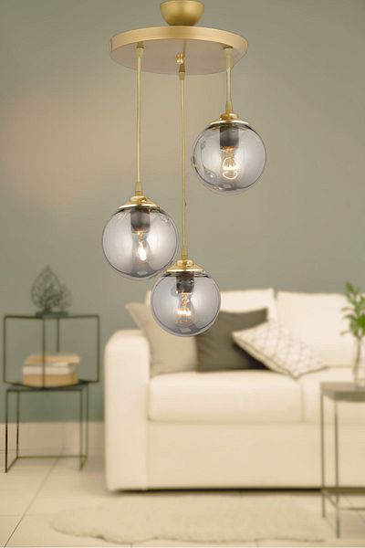 Kraliçe Pendant Lamp Tray Antique 3-Piece Smoked Globe Glass Flat Downward Facing Luxury Chandelier