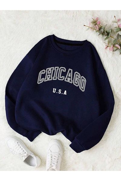 trendgar Mikina s výstřihem v námořnické modré barvě Chicago s potiskem