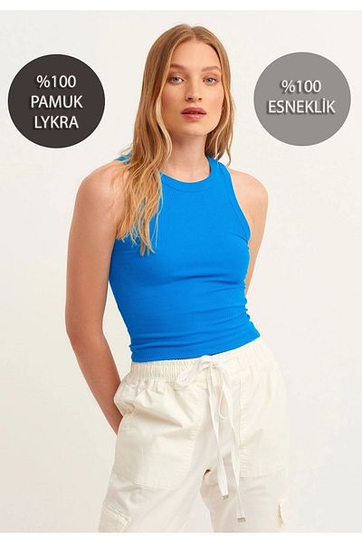 MİSS M.A.T FASHİON الأزرق مضلع الرسن الرقبة المرأة محبوك القميص