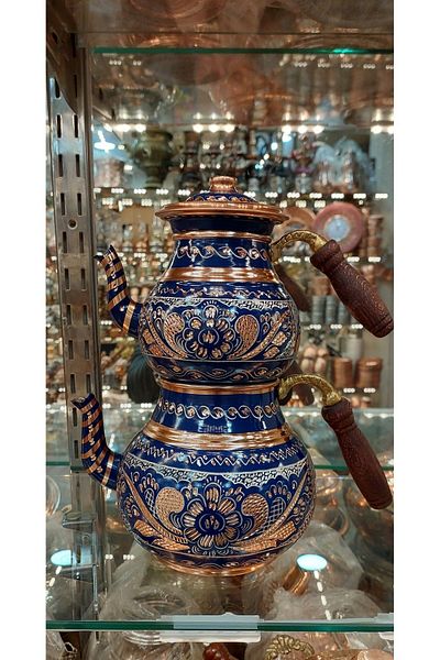 Bakır Center Blue Flower Patterned Large Family Size Copper Teapot - Teapot Hand Embroidered