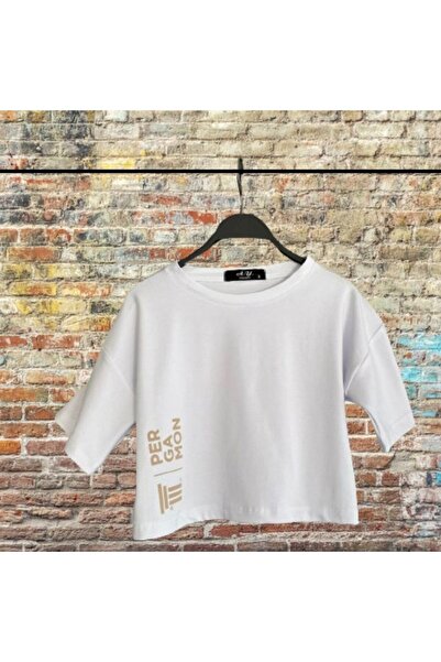 Beyaz Baskılı %100 Pamuk Kısa Kollu Extra Yumuşak Bisiklet Yaka Crop Tshirt