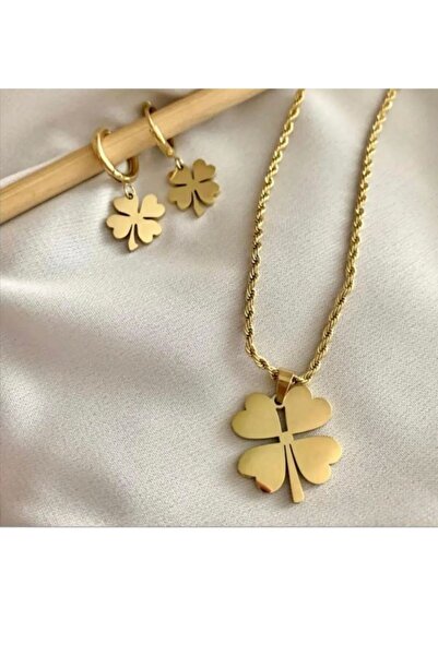 Bahar Takı ve aksesuar Kadın 316 L Çelik Burgu Yonca Kolye Ve Küpe Set