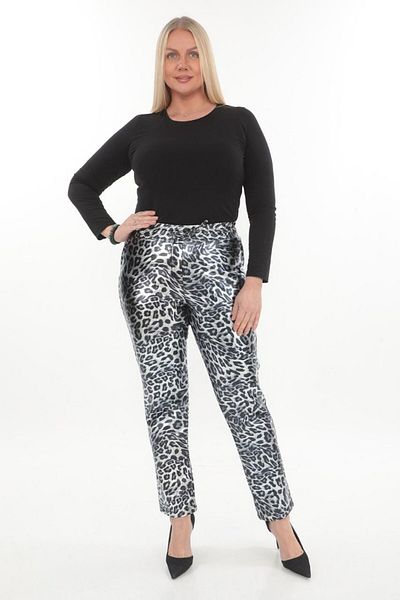 AKŞEN GİYİM Leopard Print - Loose Lycra Leather Trousers with Lace-up Waist and Thin Ribbon, Large Size