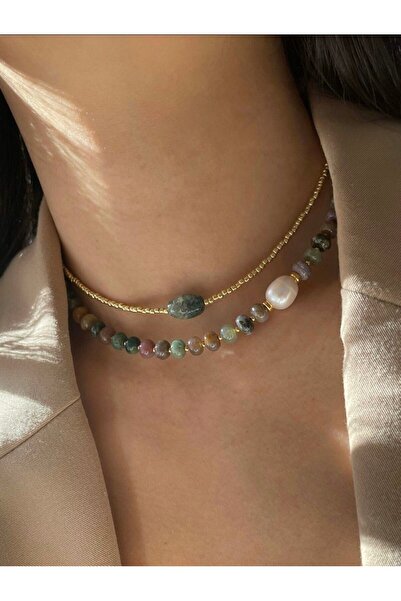 DOĞALTAŞÇI Hint Akik Taşı İnci Detaylı Kolye