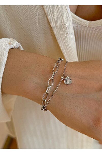 takıtarzım مجموعة أساور نسائية فضية مكونة من قطعتين مرصعة بأحجار الزركون