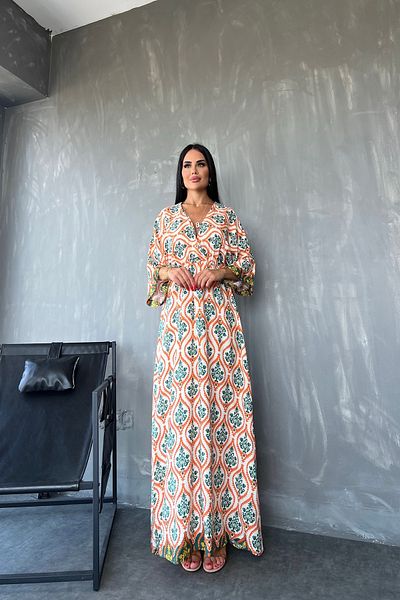 kamacibutik Rochie de vară din viscoză cu model etnic cu guler dublu - Detaliu cu fantă