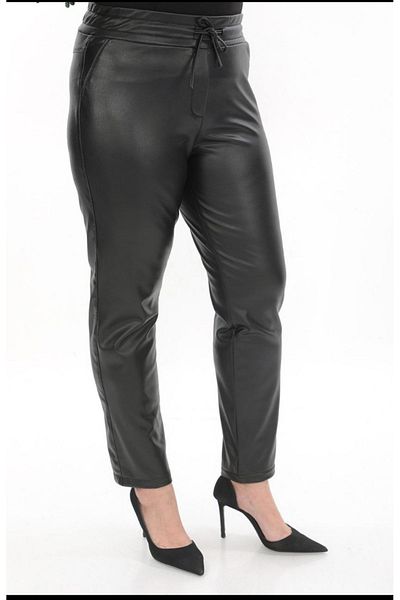 AKŞEN GİYİM LARGE SIZE BLACK COLOR LACE-UP WAIST THIN CHARDED LYCRAL LEATHER PANT