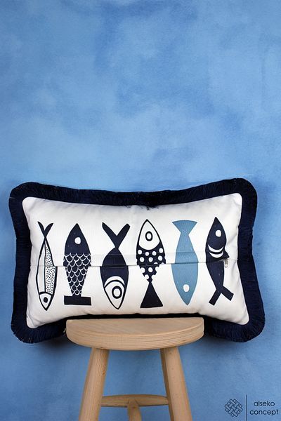 Alseko Concept Albastru bleumarin cu ciucuri, model de pește, husă de pernă decorativă dreptunghiulară de 30x50 cm