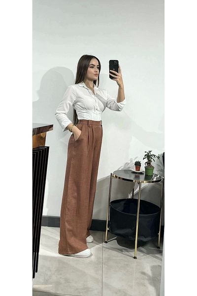 polle Linen Brown High Waist Buttoned Palazzo Trousers