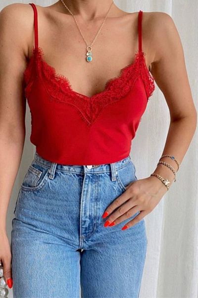 Balenbi 1070 Red Lace Detailed Strappy Satin Women's Blouse