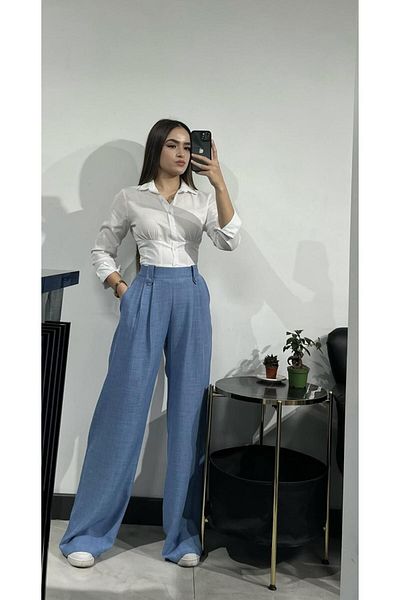 polle Blue Linen High Waist Buttoned Palazzo Women's Trousers