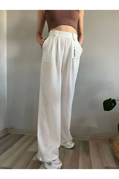 polle White Linen - Buttoned High Waist Women's Palazzo Trousers