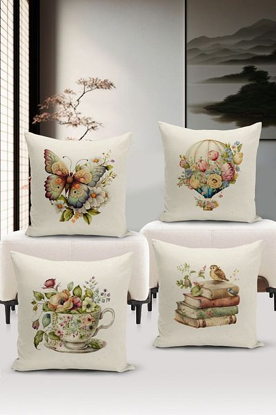 Bertille Home Flower/Vintage Series Double Sided Digital Printed 4-Piece Throw Pillow Case Set (Cushion Cover Set)