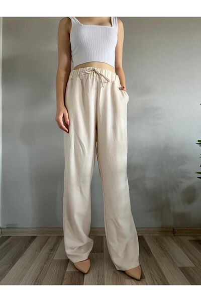 polle Pantaloni de damă din in culoarea piatră - cu croiala lejeră