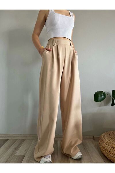 polle Pantaloni Palazzo de damă cu nasturi de piatră cu talie înaltă