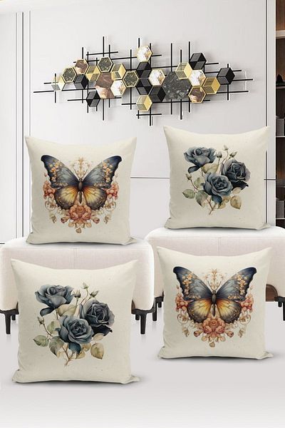 Bertille Home Flower/Vintage Series Double Sided Digital Printed 4-Piece Throw Pillow Case Set (Cushion Cover Set)