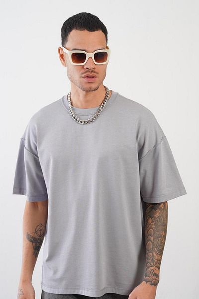 Balenbi Unisex γκρι μπλουζάκι υπερμεγέθους - λαιμόκοψη, εμπριμέ στην πλάτη, αντίστροφη ραφή