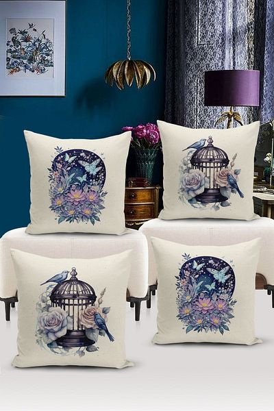 Bertille Home Σετ ριχτάρι μαξιλαριού 4 τεμαχίων με ψηφιακή εκτύπωση διπλής όψης σειράς Flower/Vintage (Σετ κάλυμμα μαξιλαριού)