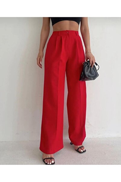 polle Kadın Kırmızı Yüksek Bel Palazzo Pantolon